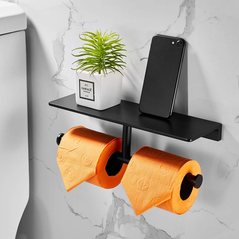 LANGPAI Double Roll Toilet Paper Holder with Shelf Solid Brass and Superior Hotel Style Tissue Dispenser Spared Storage Matte Black Finish - Image 3